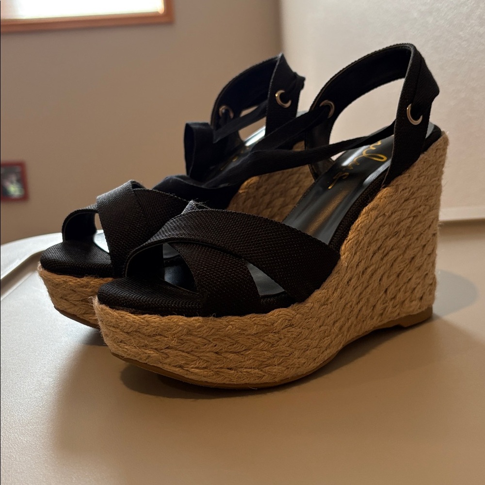 Lulus Black Lace Up Wedge Heel Sandals